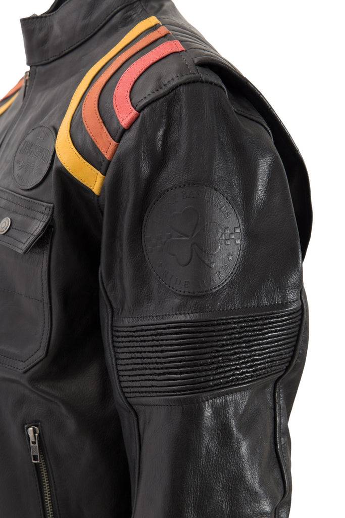 Queen Kerosin Lederjacke Print und Racer-Streifen «Cafe Racer» Kauf eins, bekomm eins gratis