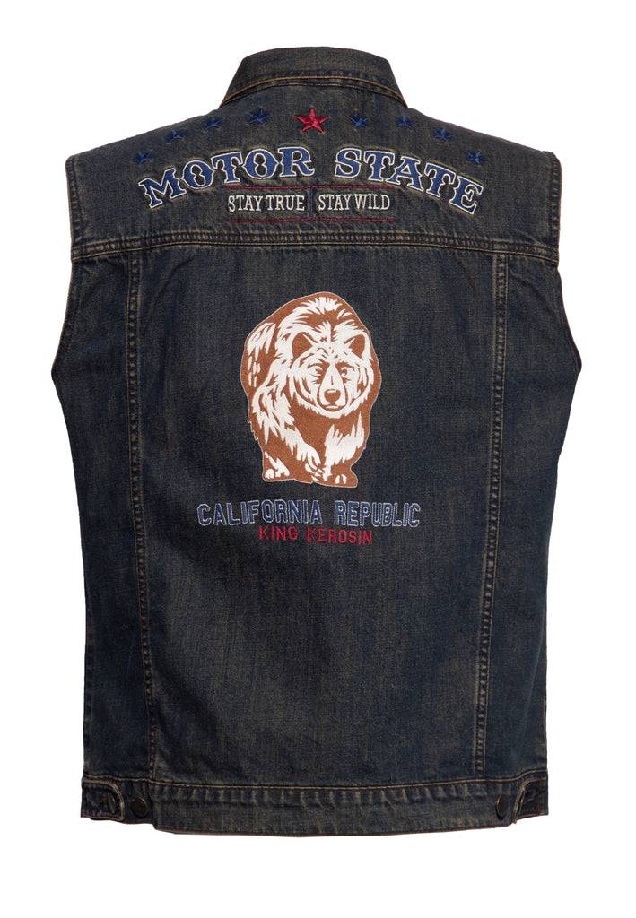 Queen Kerosin Denim Weste Stickerei «Motor State» Tägliche Deals