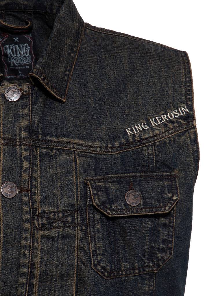 Queen Kerosin Denim Weste Stickerei «Motor State» Tägliche Deals