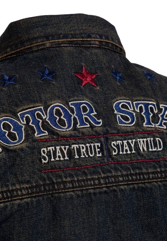 Queen Kerosin Denim Weste Stickerei «Motor State» Tägliche Deals