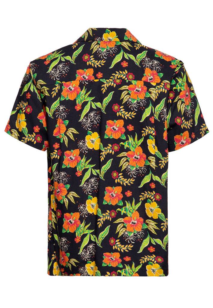 Queen Kerosin Hawaiihemd «Hibiscus Black» Schlussverkauf