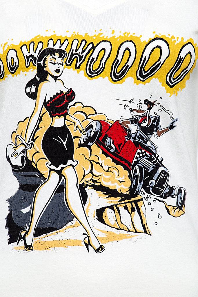 Queen Kerosin T-Shirt mit Frontprint und V-Ausschnitt «Oowwwoooo» Letzter Tag