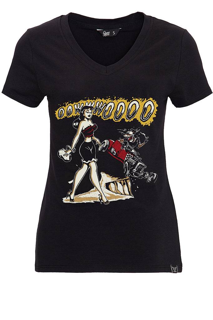 Queen Kerosin T-Shirt mit Frontprint und V-Ausschnitt «Oowwwoooo» Letzter Tag
