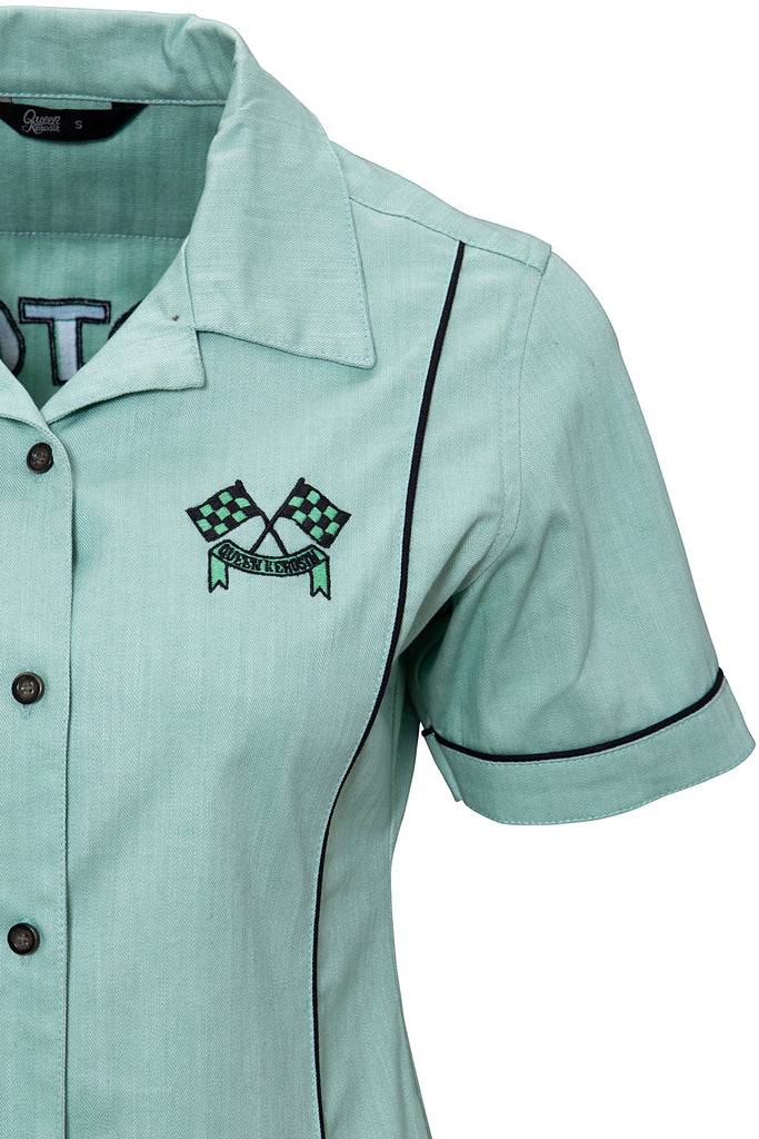 Queen Kerosin Kurzarm Reverskragen Bluse im Racing Design «Motor Queen» Sonderangebot der Fabrik