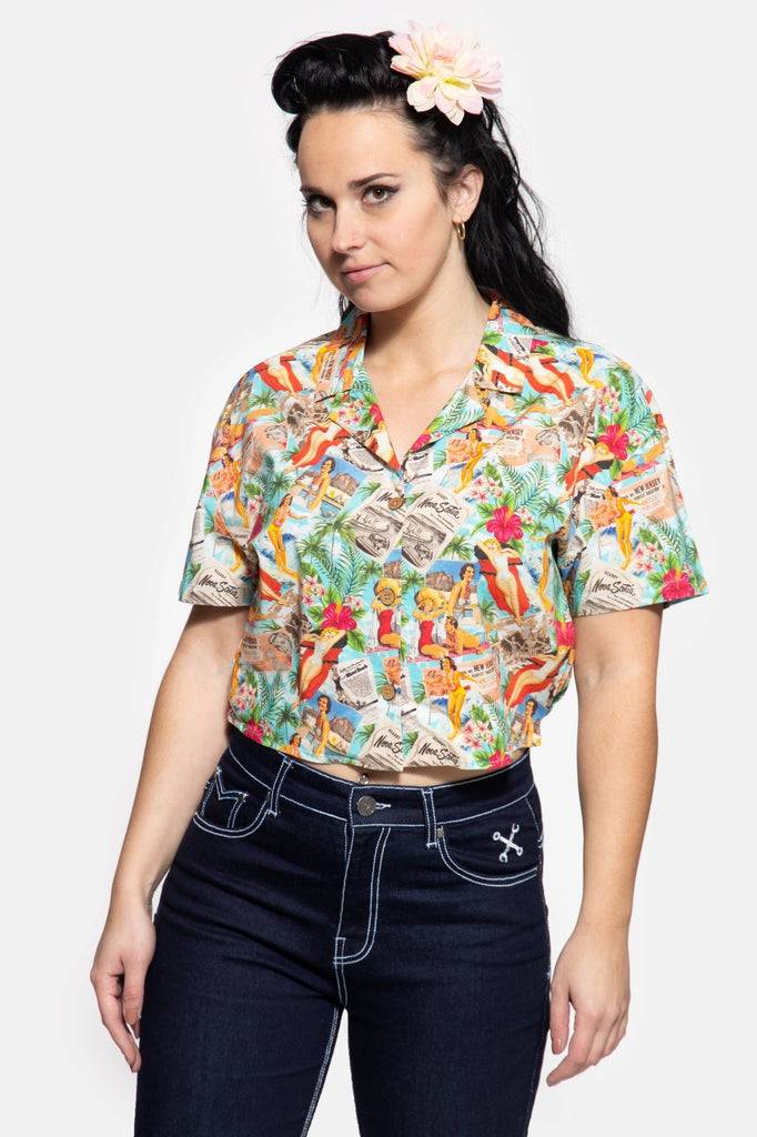 Queen Kerosin Cropped Oversize Bluse mit Allover-Print im 50s Style Limitierter Zeitrabatt