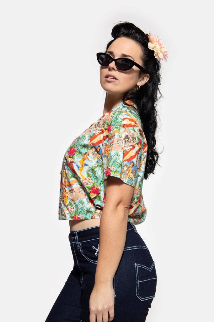 Queen Kerosin Cropped Oversize Bluse mit Allover-Print im 50s Style Limitierter Zeitrabatt