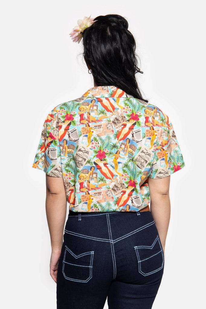Queen Kerosin Cropped Oversize Bluse mit Allover-Print im 50s Style Limitierter Zeitrabatt