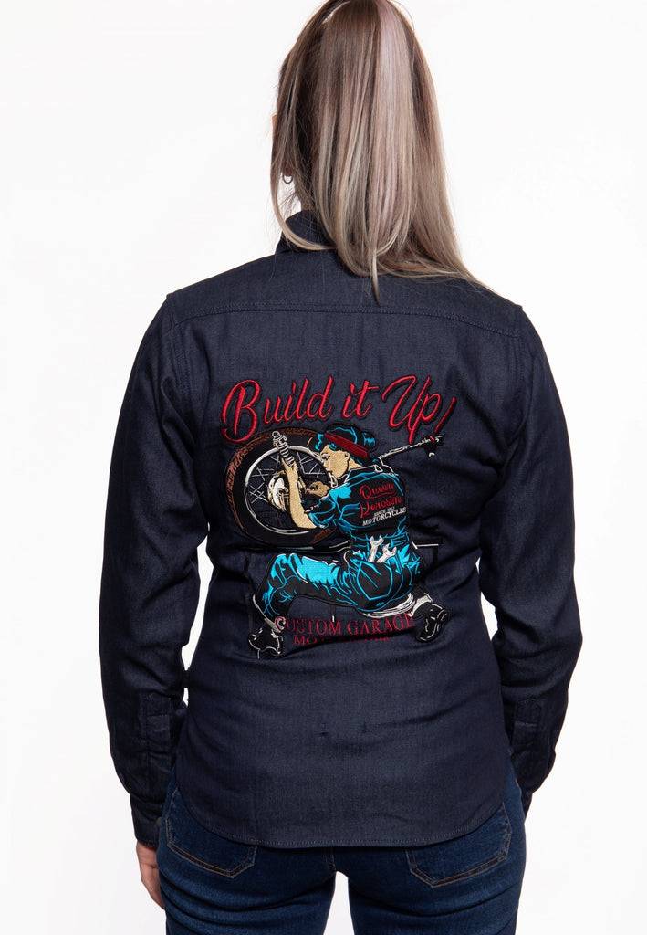Queen Kerosin Denimhemd mit Stickerei «Build it up» Versandkostenfrei