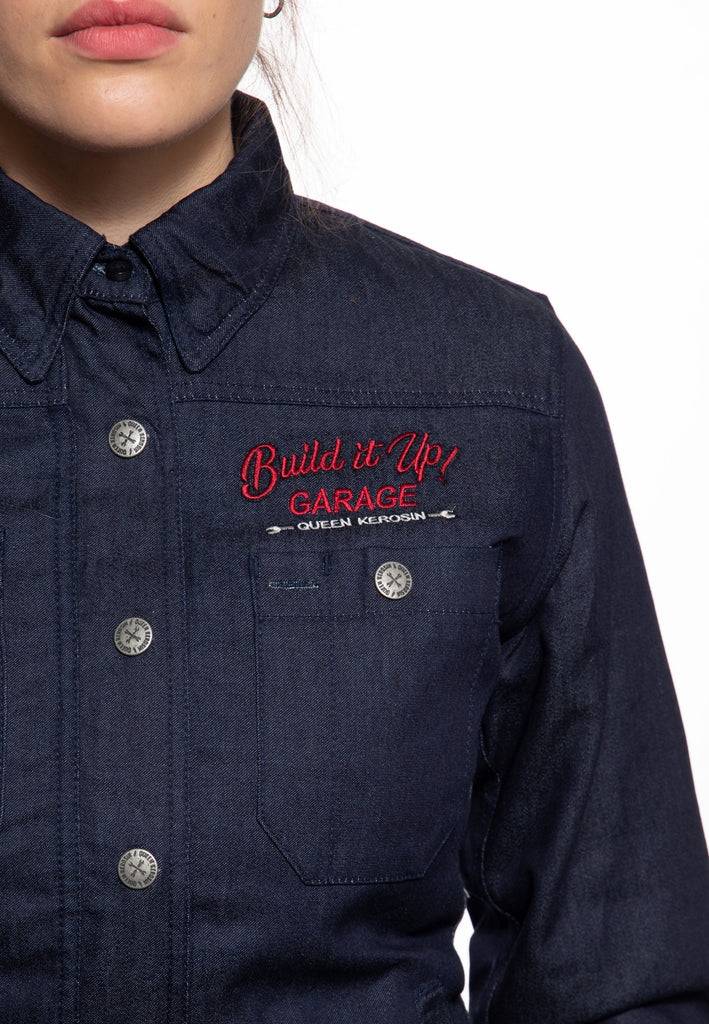 Queen Kerosin Denimhemd mit Stickerei «Build it up» Versandkostenfrei