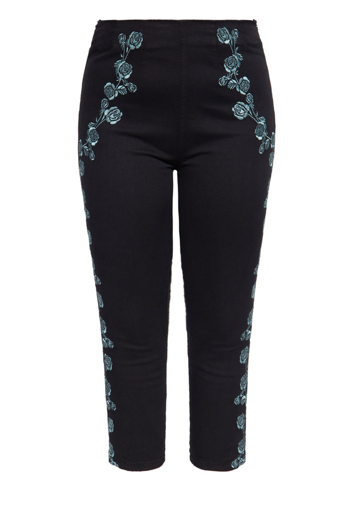 Queen Kerosin Vintage High Waist Capri Hose mit floralen Stickereien Valentinstagsangebot
