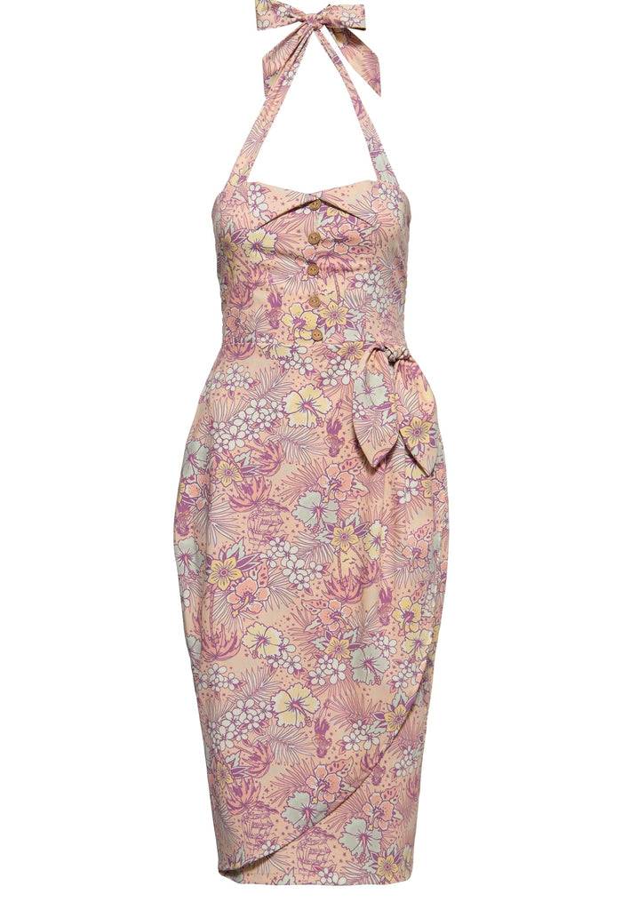 Queen Kerosin Bleistiftkleid in Wickel-Optik und mit tropischem All-Over-Muster Lagerräumung