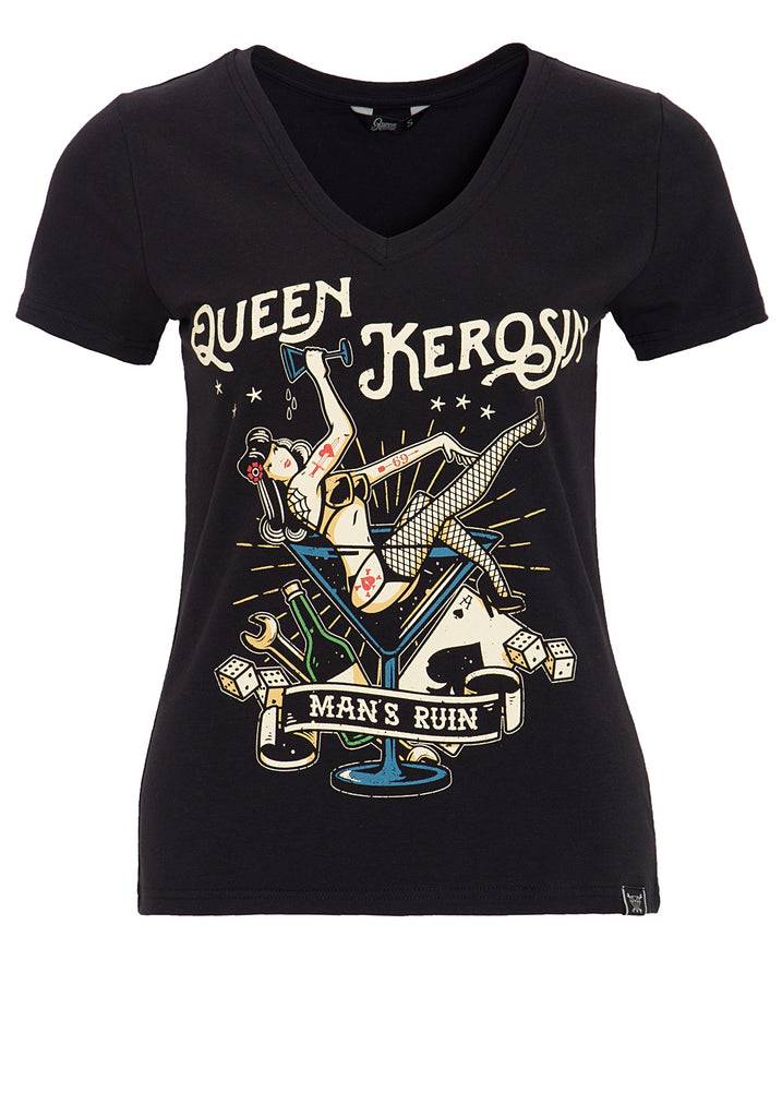 Queen Kerosin Kurzarm Shirt mit mehrfarbigem Retro-Print und Logo-Patch «Mans Ruin» Neuheiten