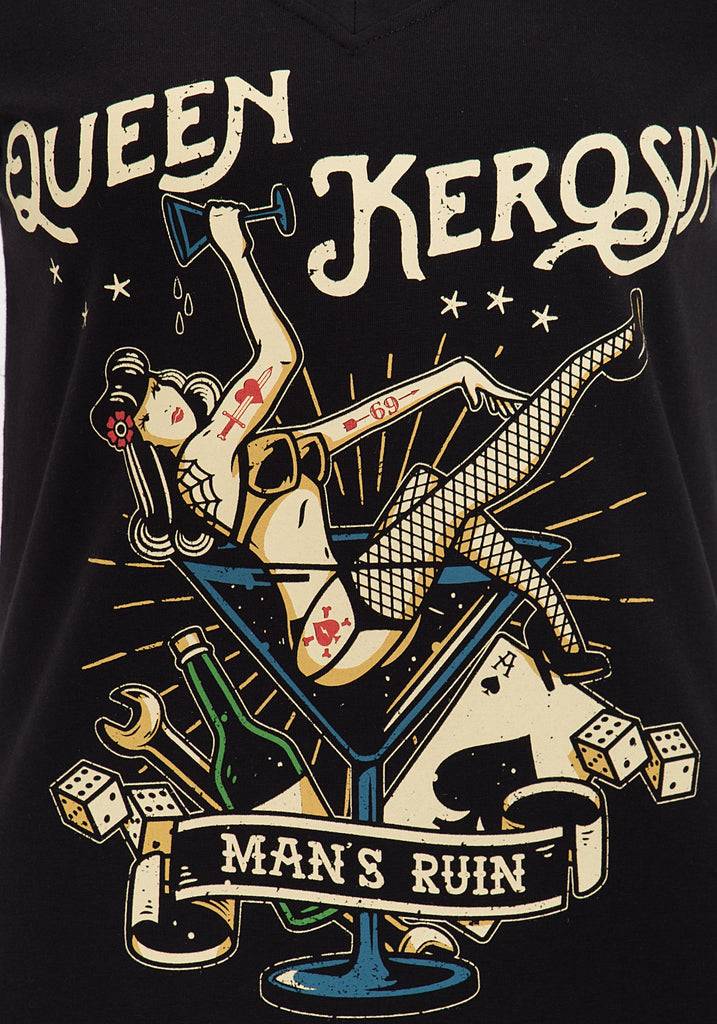Queen Kerosin Kurzarm Shirt mit mehrfarbigem Retro-Print und Logo-Patch «Mans Ruin» Neuheiten