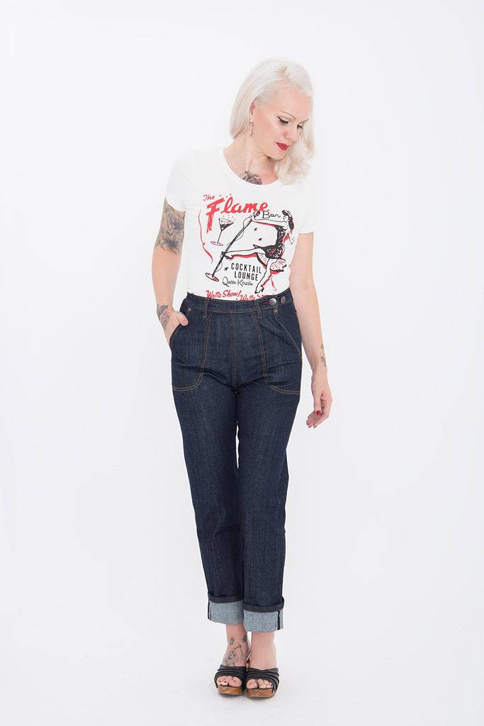 Queen Kerosin Kurzarm Shirt mit coolem Retro-Print «Flame Bar» Bestseller