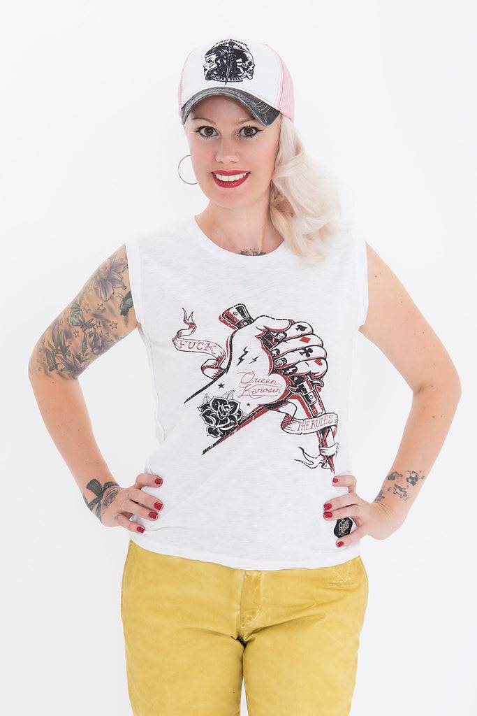 Queen Kerosin Tank Top mit rockigem Front Druck «Fuck The Rules» Saisonale Angebote