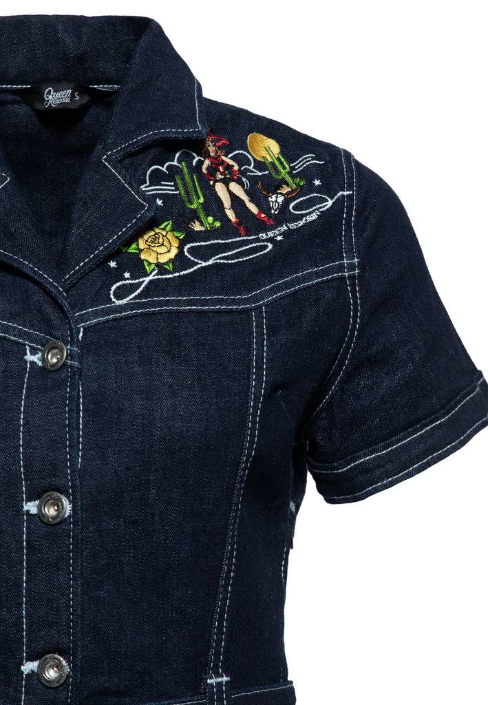 Queen Kerosin Swing Jeanskleid mit Stickereien Speichern exportieren