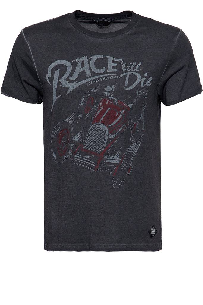 Queen Kerosin Oil Washed Print T-Shirt im Used Look «Race till die» Fabrikladen