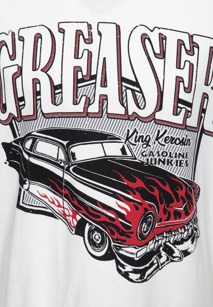 Queen Kerosin T-Shirt mit coolem Vintage-Print «Gasoline junkies» Im Verkauf