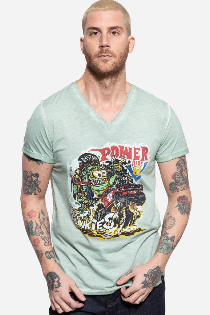 Queen Kerosin Roll-Up T-Shirt Oil Wash mit Monster-Print und V-Ausschnitt «V8 Monster» 2025