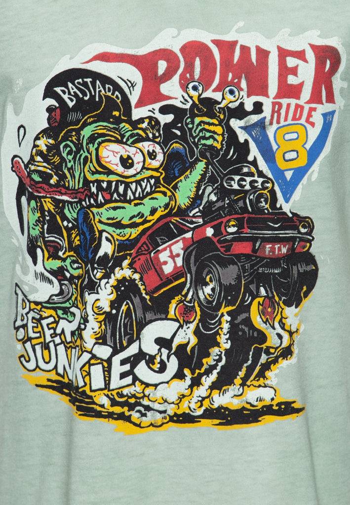 Queen Kerosin Roll-Up T-Shirt Oil Wash mit Monster-Print und V-Ausschnitt «V8 Monster» 2025