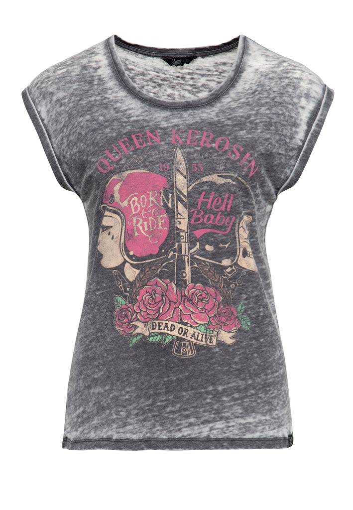 Queen Kerosin Enzyme Wash T-Shirt «Hell Baby» Fabrikverkauf