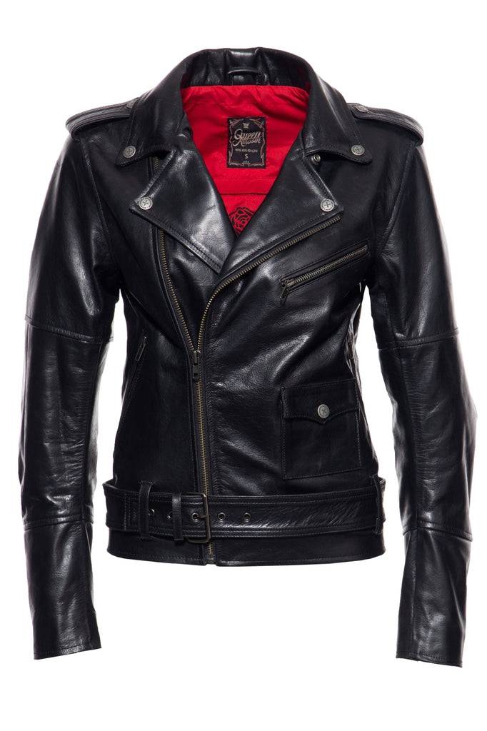 Queen Kerosin Lederjacke mit Bikerkragen und Gürtel am Saum Jubiläumsangebot