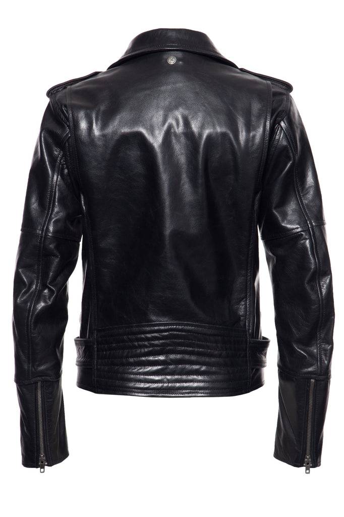 Queen Kerosin Lederjacke mit Bikerkragen und Gürtel am Saum Jubiläumsangebot
