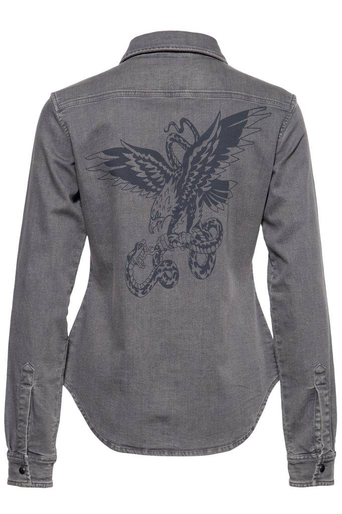 Queen Kerosin Denim-Bluse mit legerem Waschungseffekt und Backprint Neueste Mode
