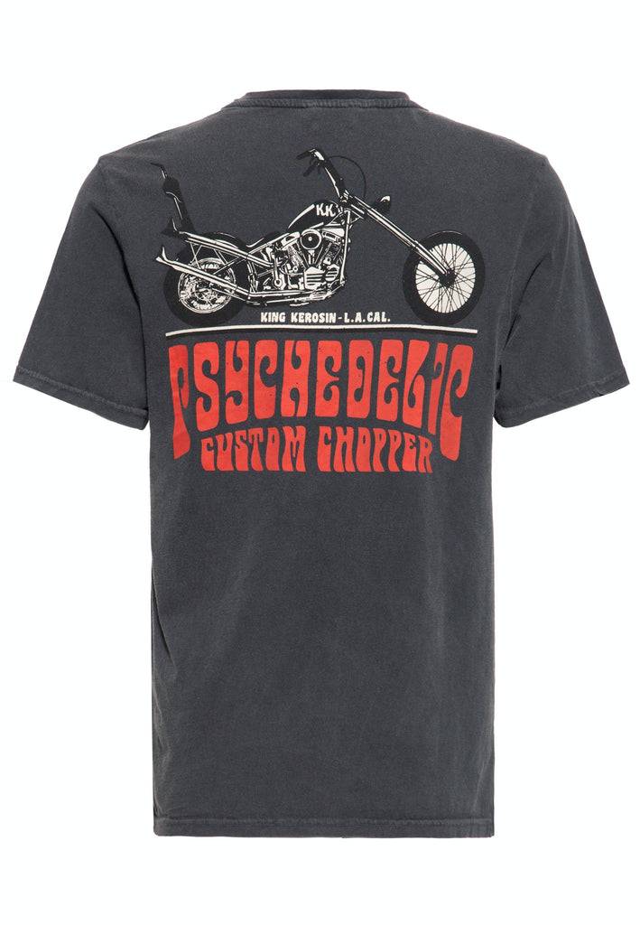 Queen Kerosin Acid Wash Print T-Shirt «Psychedelic Custom Chopper» im Angebot