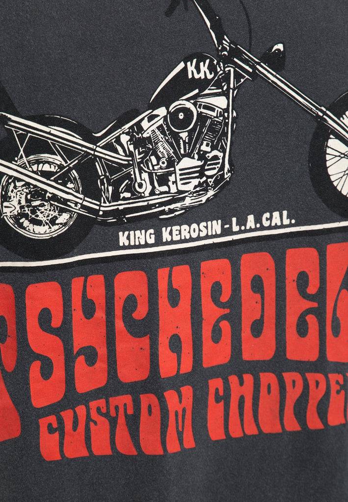 Queen Kerosin Acid Wash Print T-Shirt «Psychedelic Custom Chopper» im Angebot