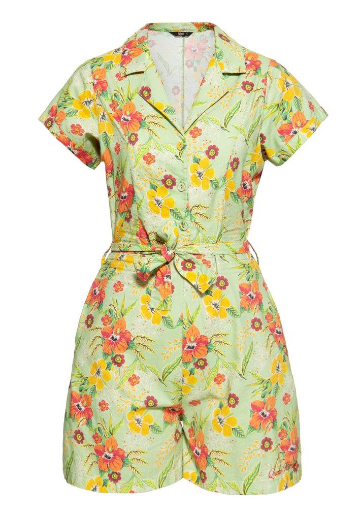 Queen Kerosin Blusen Jumpsuit «Hibiscus Mint» Letzte 3 Tage