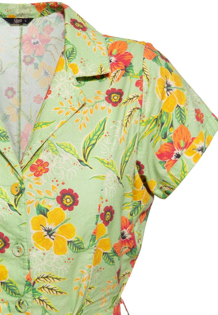 Queen Kerosin Blusen Jumpsuit «Hibiscus Mint» Letzte 3 Tage