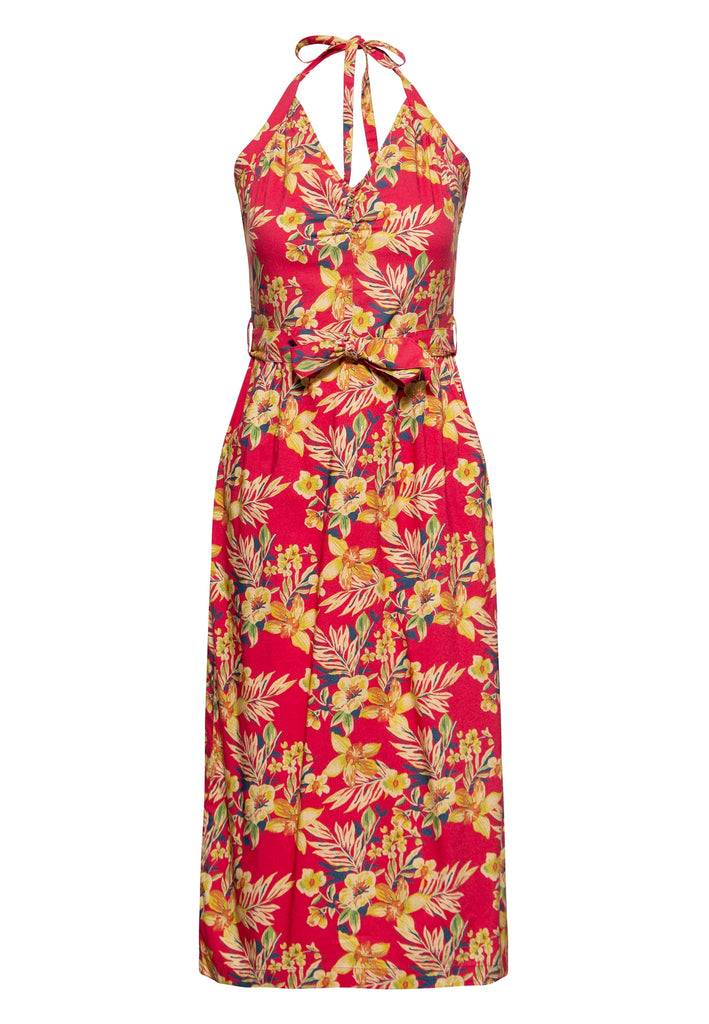 Queen Kerosin Neckholder Pencil Kleid «Hawaii Red» Nur noch ein Tag übrig