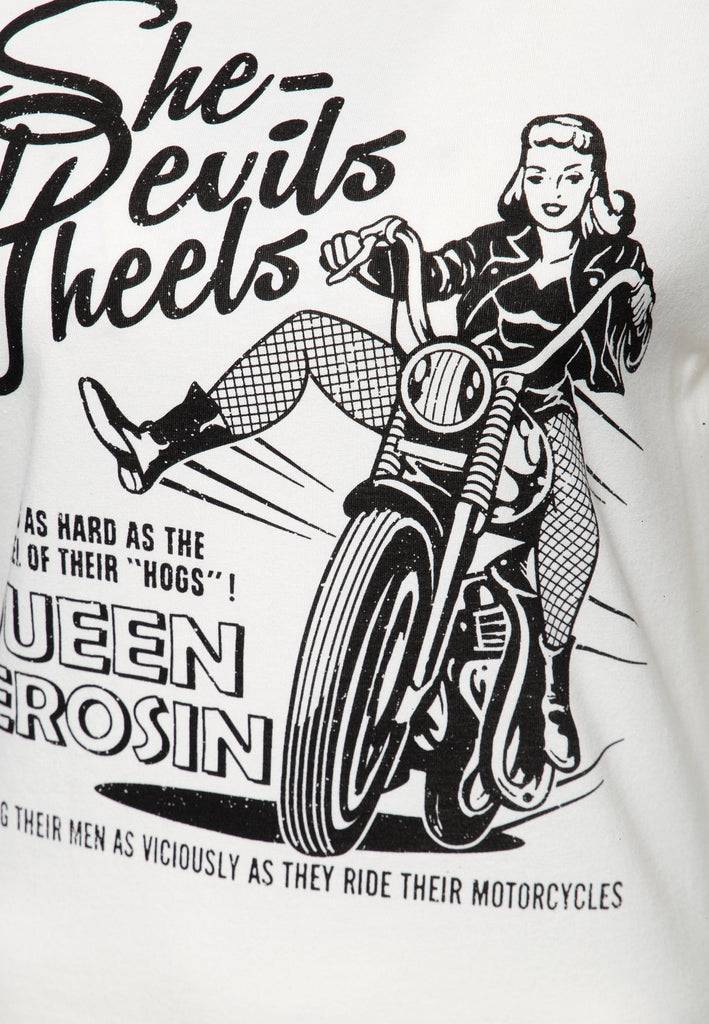 Queen Kerosin Print T-Shirt «She devils on wheels» Limitierter Zeitrabatt