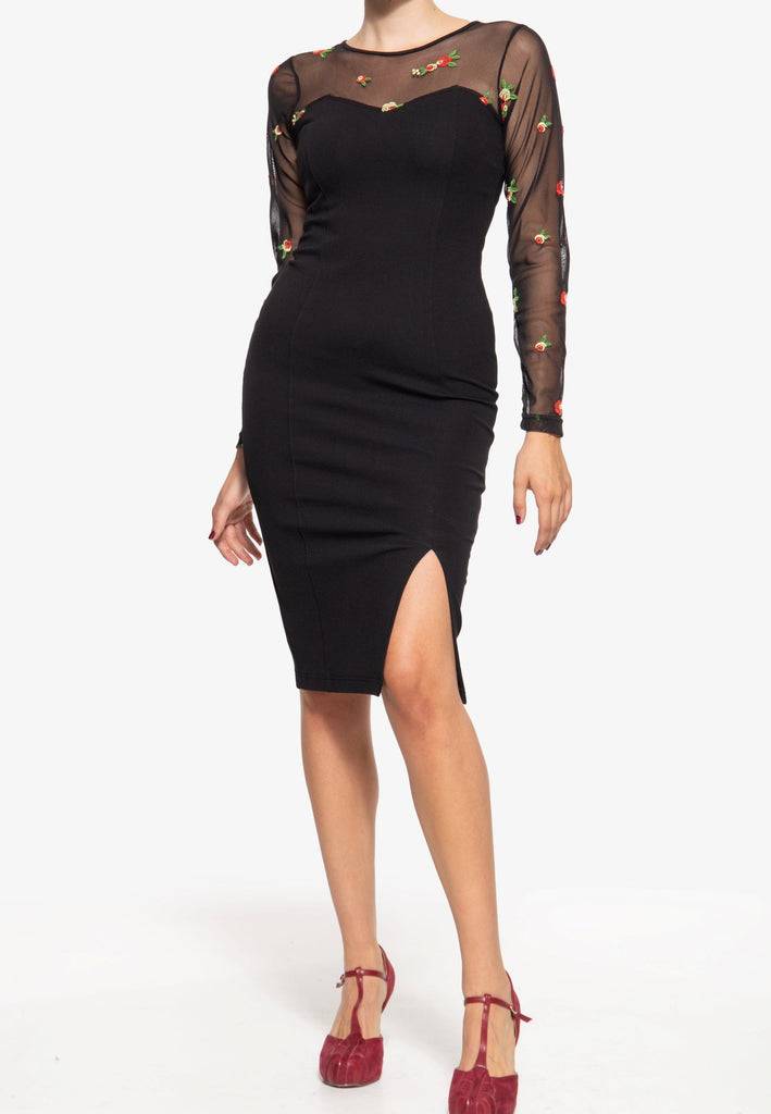 Queen Kerosin Mesh Bleistiftkleid mit Rosen-Stickerei Neuheiten