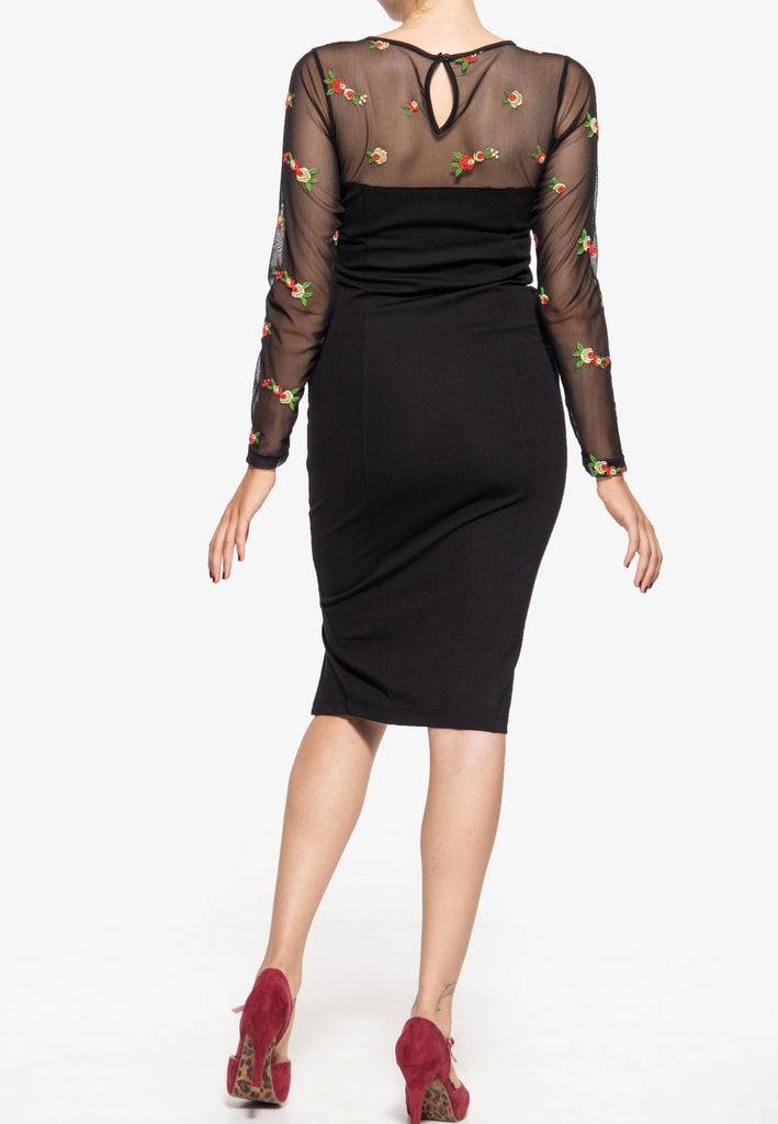 Queen Kerosin Mesh Bleistiftkleid mit Rosen-Stickerei Neuheiten