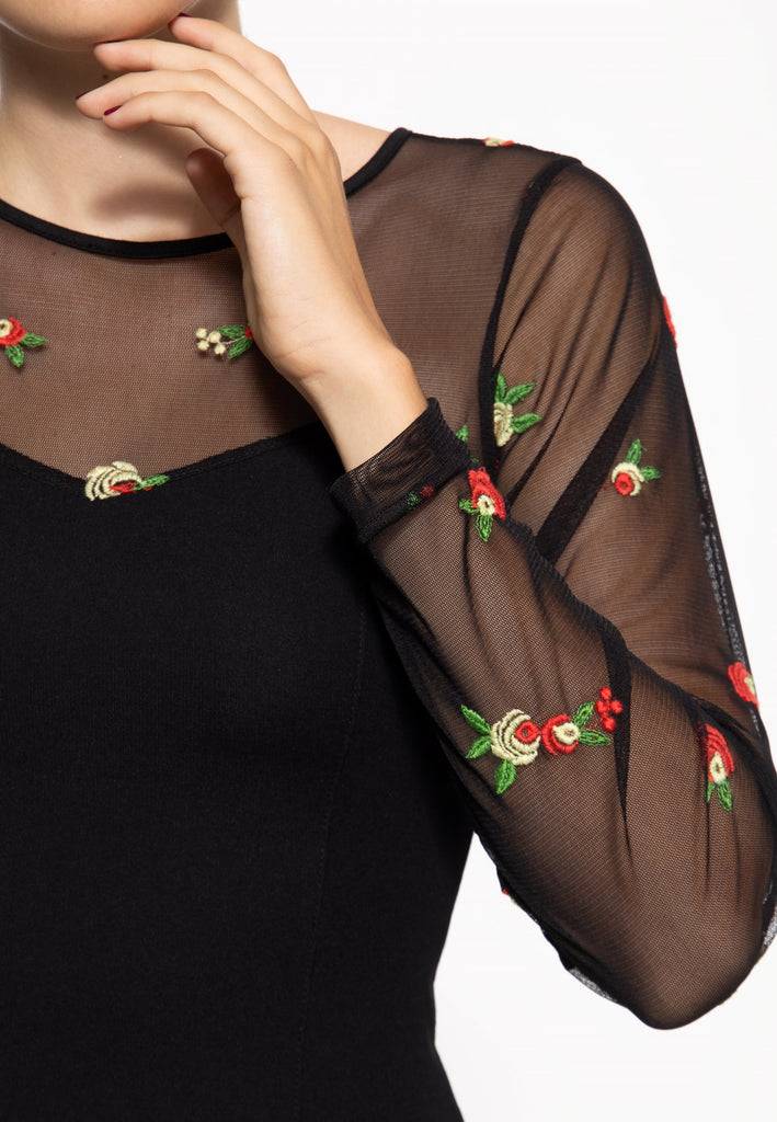 Queen Kerosin Mesh Bleistiftkleid mit Rosen-Stickerei Neuheiten