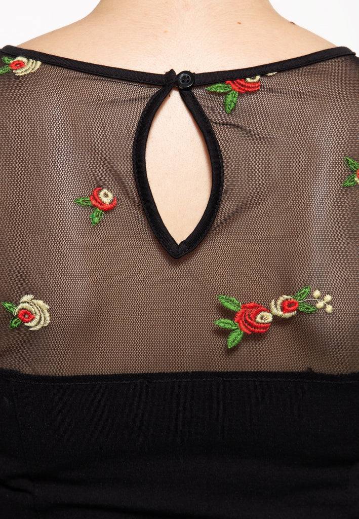 Queen Kerosin Mesh Bleistiftkleid mit Rosen-Stickerei Neuheiten