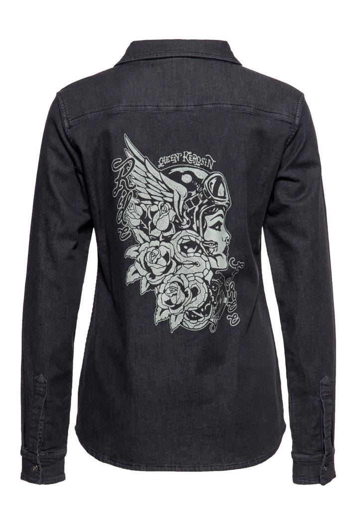Queen Kerosin Washed Joggdenim Shirt «Snake Girl» Saisonale Angebote