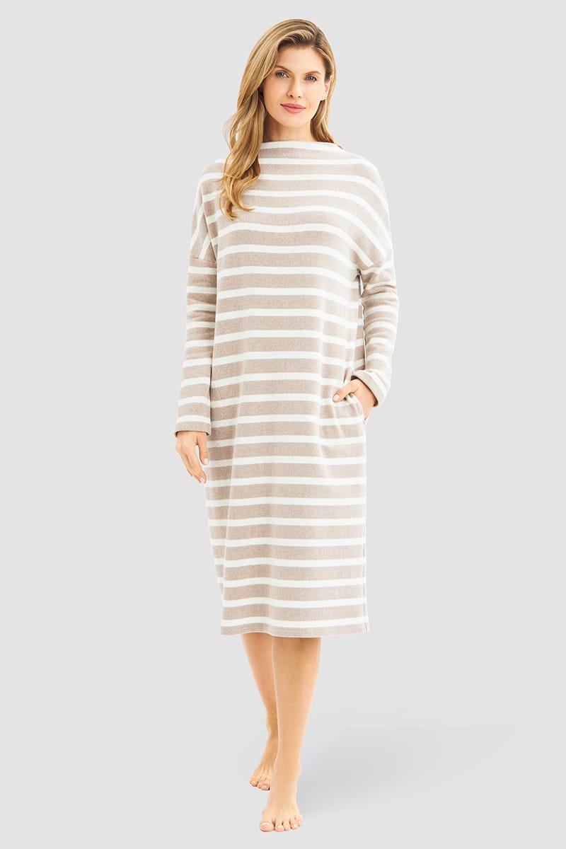 Rösch Hauskleid im Ringeldruck Hellbraun aus Strickware