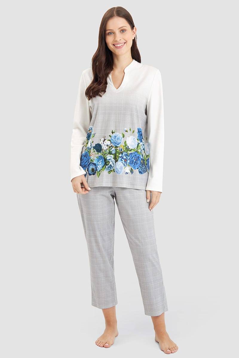 Rösch Pyjama im Karo-Druck mit Blumen 100% Baumwolle