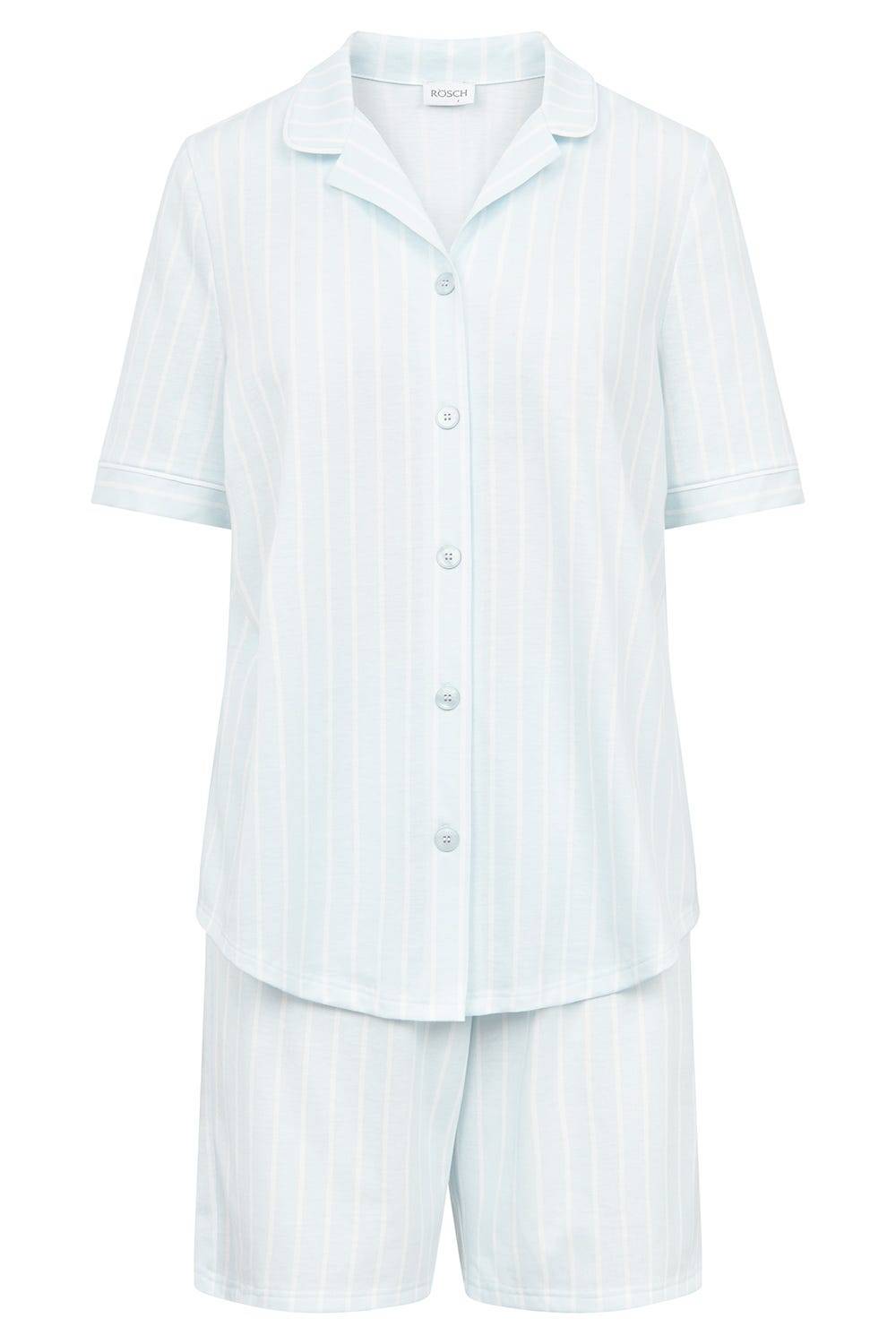 Rösch Pyjama kurz im Streifenprint Hellblau Herrenhemdstil 100% Baumwolle Online