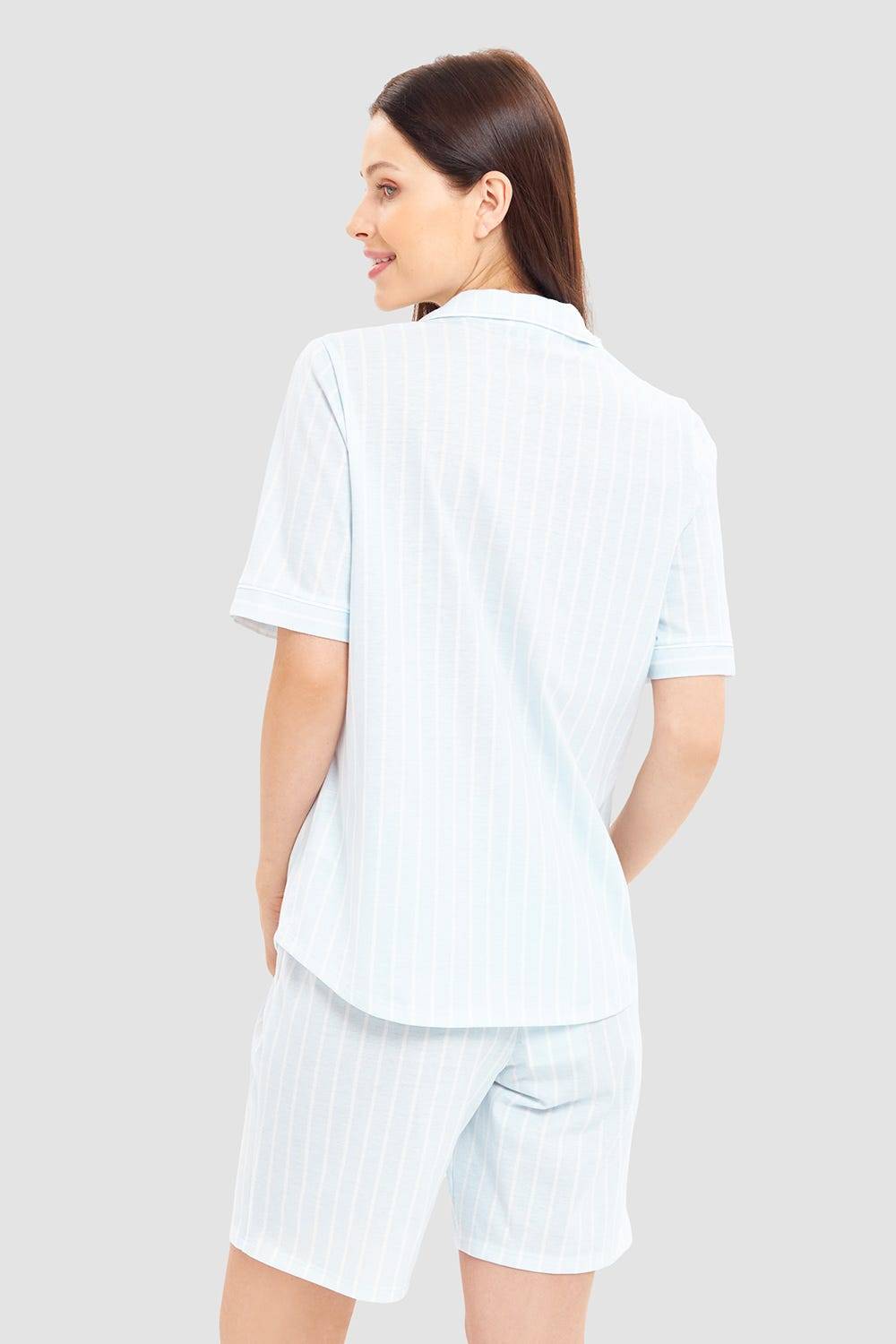 Rösch Pyjama kurz im Streifenprint Hellblau Herrenhemdstil 100% Baumwolle Online