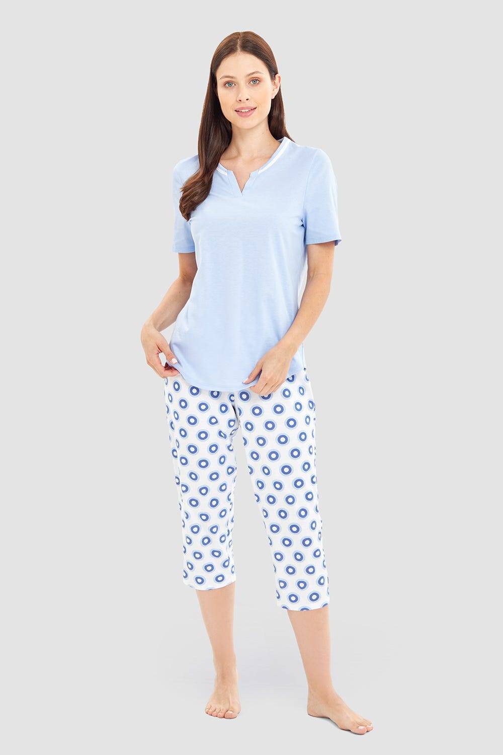 Rösch Pyjama mit Punktedruck Blau-Weiß 100% Baumwolle