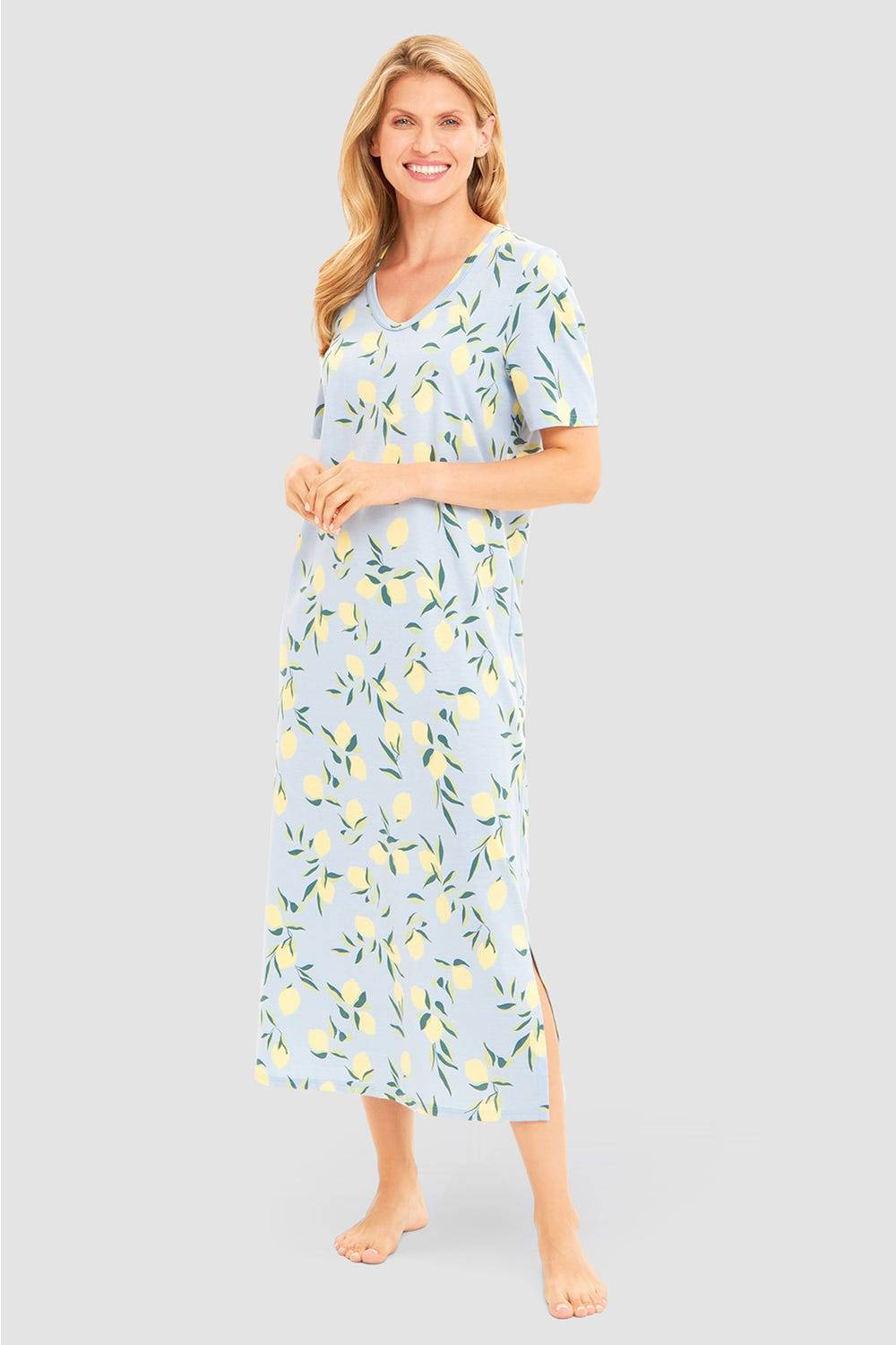 Rösch Nachtkleid im Zitronendruck Maxilänge sommerlich 100% Baumwolle