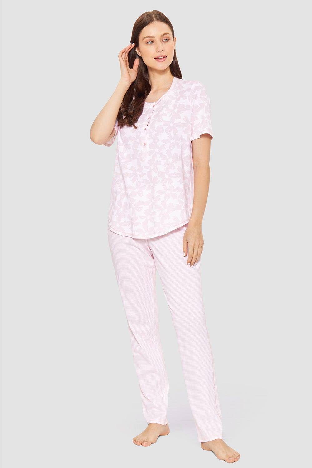 Rösch Pyjama im Muster-Mix Blumen Streifen Rosa 100% Baumwolle