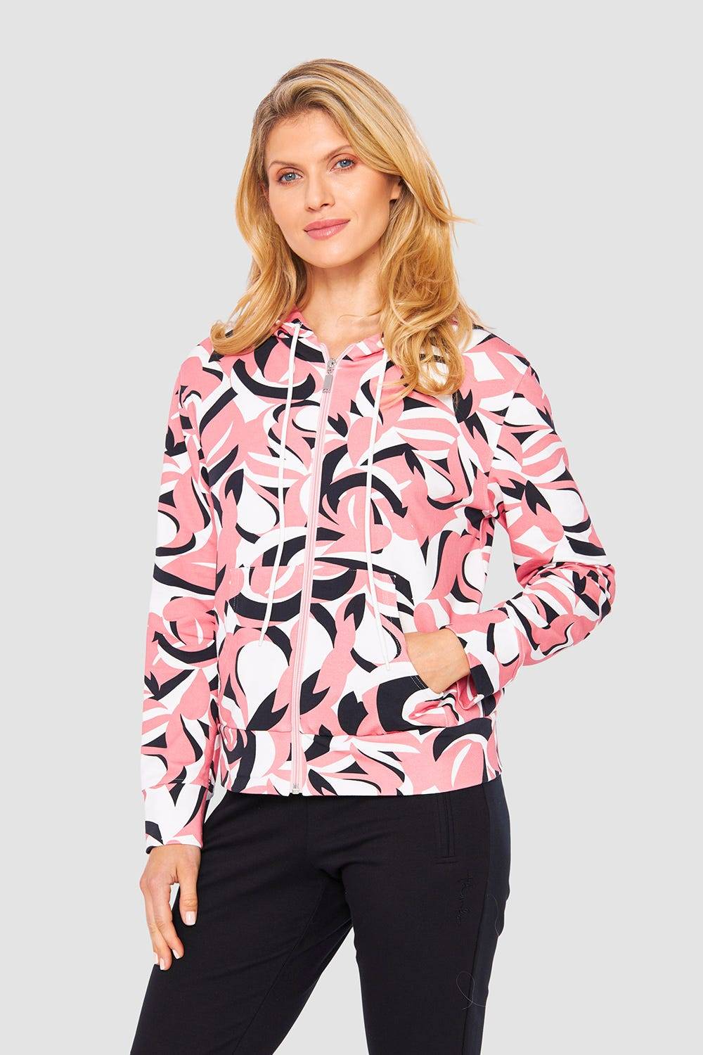 Rösch Sweatjacke im grafischen Druck Kapuze Baumwolle/Elasthan