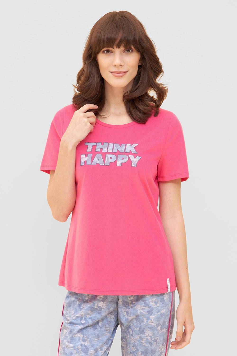 Rösch T-Shirt mit Schriftzug &quot;Think Happy&quot; Pink Kurzarm Mix &amp; Match 100% Baumwolle