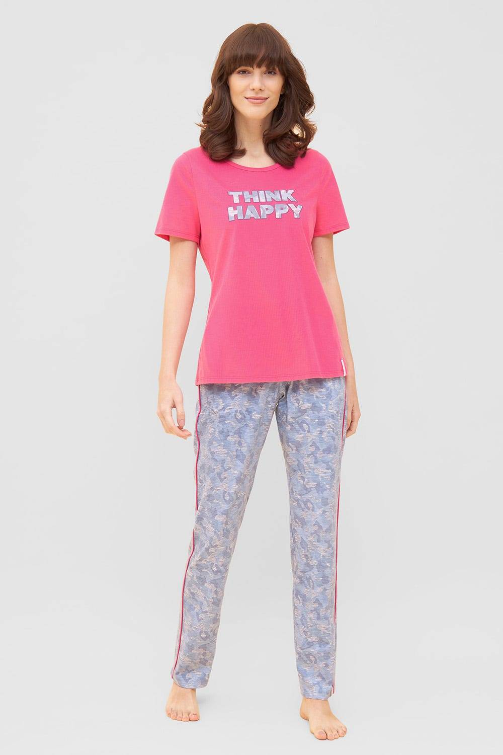 Rösch T-Shirt mit Schriftzug &quot;Think Happy&quot; Pink Kurzarm Mix &amp; Match 100% Baumwolle Schlussverkauf
