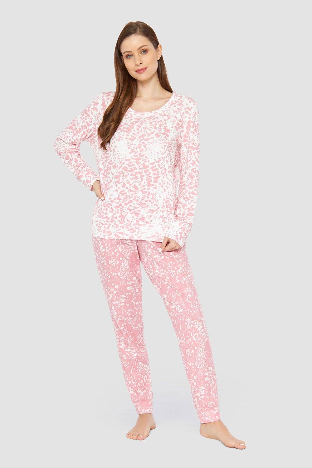 Rösch Pyjama im rosa Druck-Mix angerauht kuschelig 100% Baumwolle